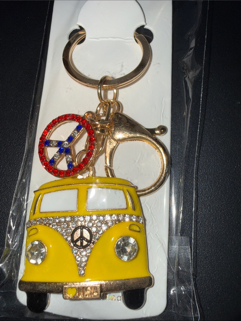 Yellow Peace Van Keychain with Red-Blue Peace Sign Charm